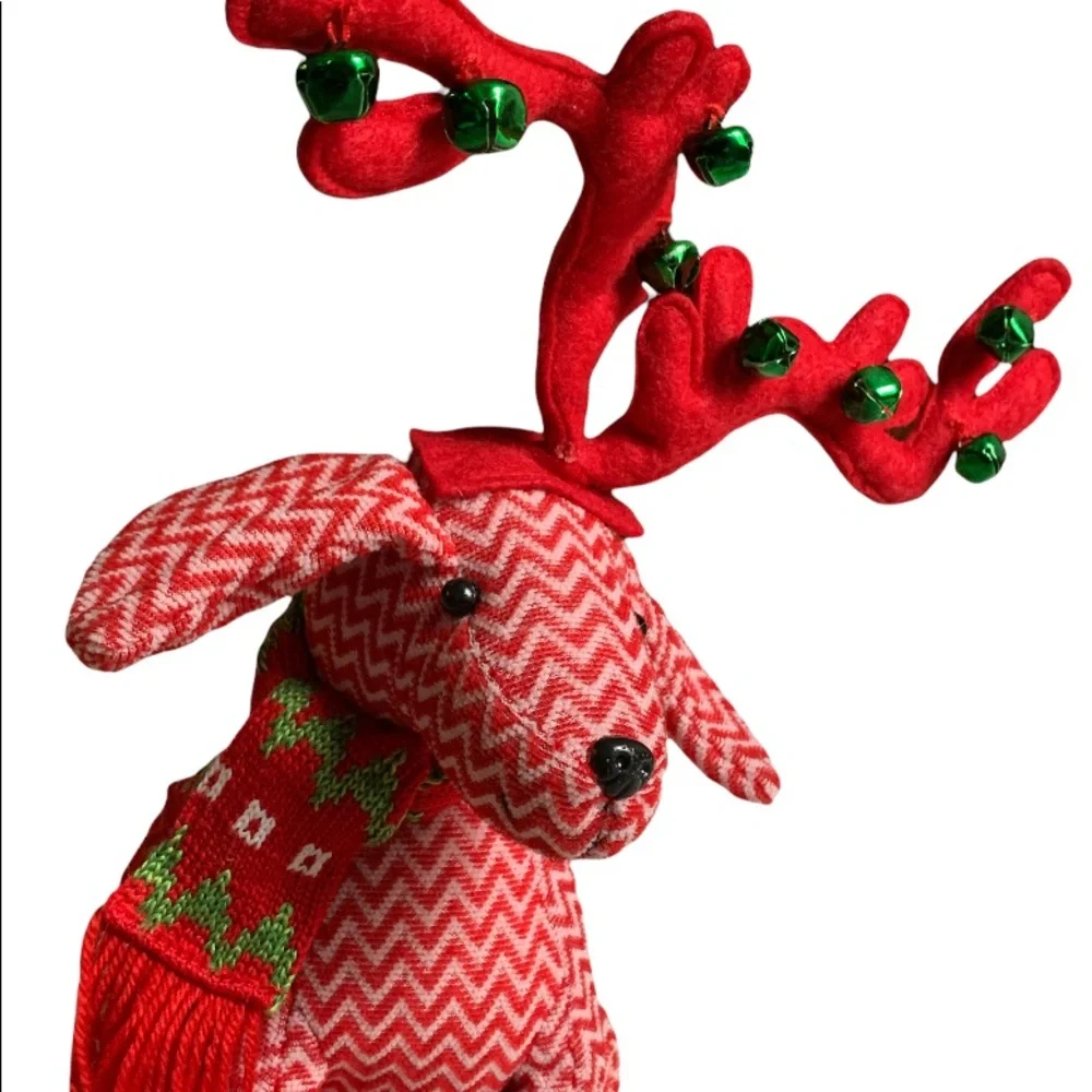 Holiday Knit Dog with Antlers And Scarf Sitting Christmas Doorstop Decor Chevron